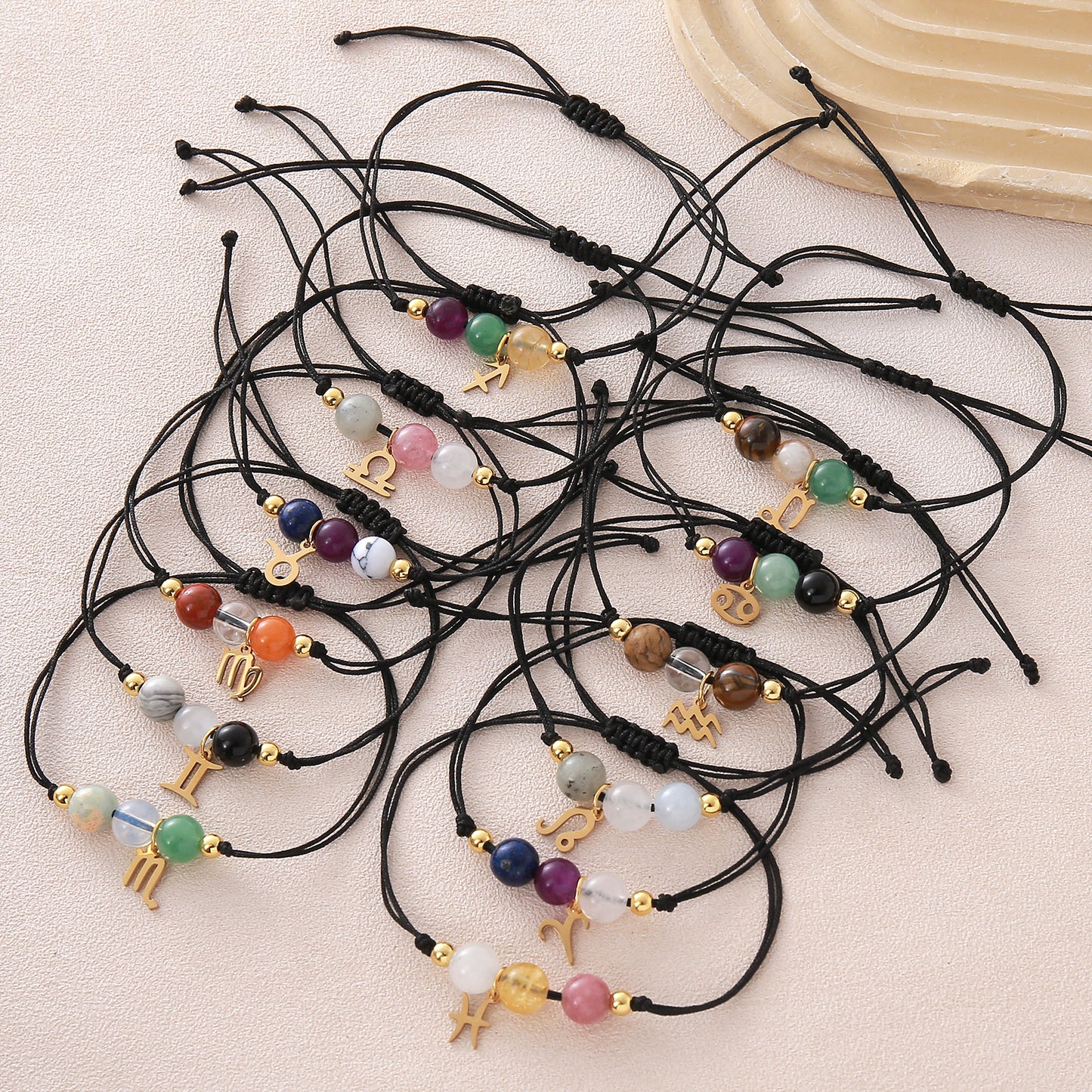 Unisex Drawstring Bracelets With Constellation Pattern, 18K Gold Plated Coating, Natural Stone Beaded Chain