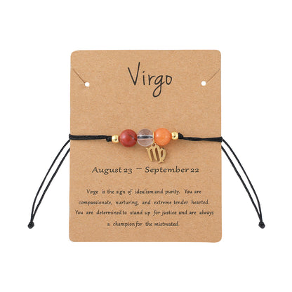 Unisex Drawstring Bracelets With Constellation Pattern, 18K Gold Plated Coating, Natural Stone Beaded Chain
