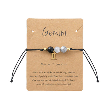 Unisex Drawstring Bracelets With Constellation Pattern, 18K Gold Plated Coating, Natural Stone Beaded Chain