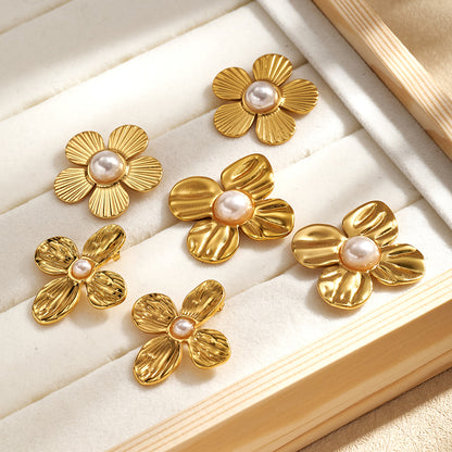 Casual For Women 304 Stainless Steel Stud Earrings With Golden Plated Finish And Acrylic Imitation Pearl Inlay
