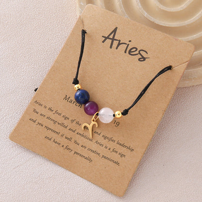 Unisex Drawstring Bracelets With Constellation Pattern, 18K Gold Plated Coating, Natural Stone Beaded Chain