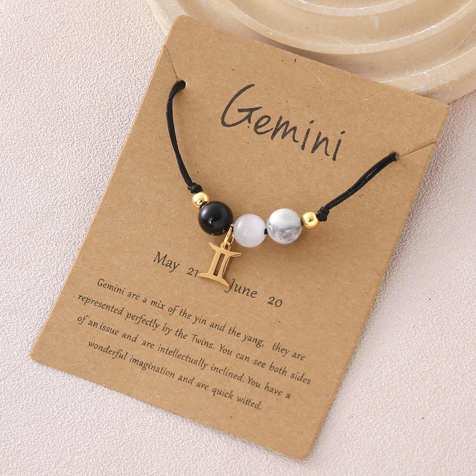 Unisex Drawstring Bracelets With Constellation Pattern, 18K Gold Plated Coating, Natural Stone Beaded Chain