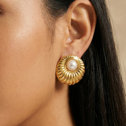 Round Casual Stud Earrings For Women In 304 Stainless Steel With Golden Plated Finish And Acrylic Imitation Pearl Inlay