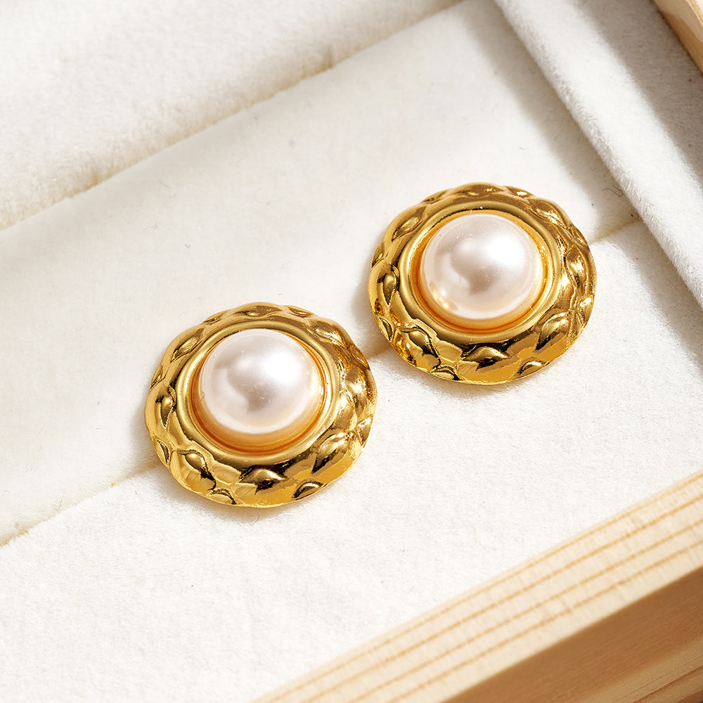 Round Casual Stud Earrings For Women In 304 Stainless Steel With Golden Plated Finish And Acrylic Imitation Pearl Inlay