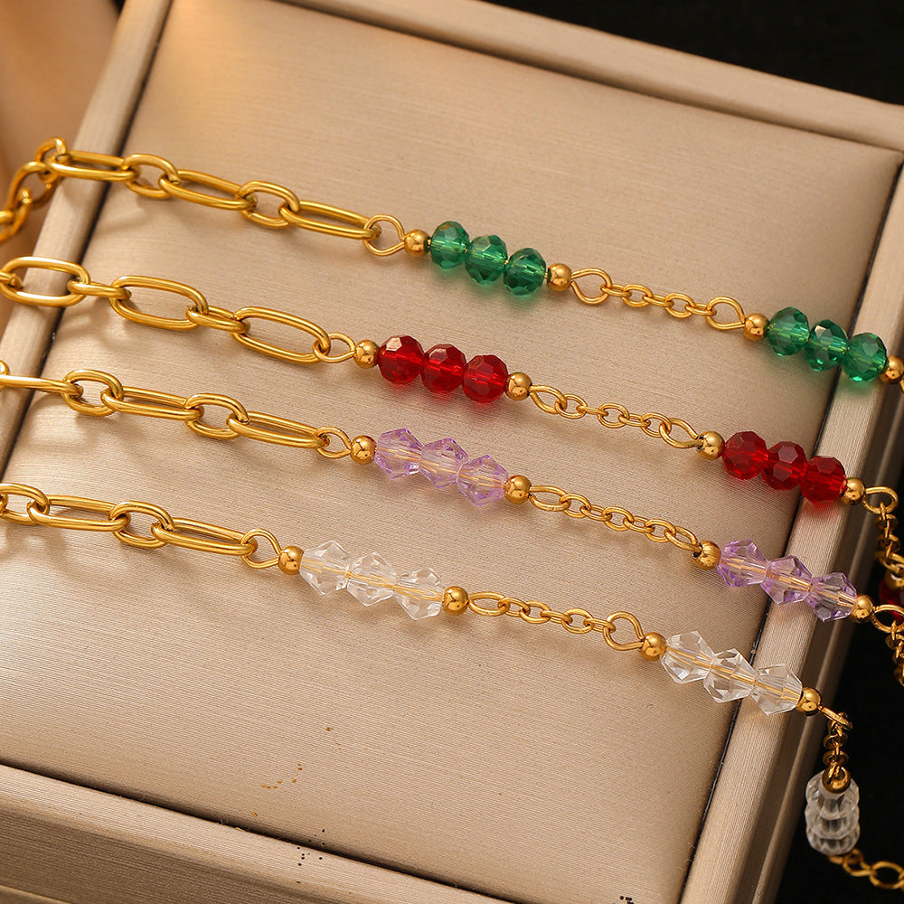 Women's Stainless Steel Bracelet, 18k Real Gold Plated, Colorful Glass Beads