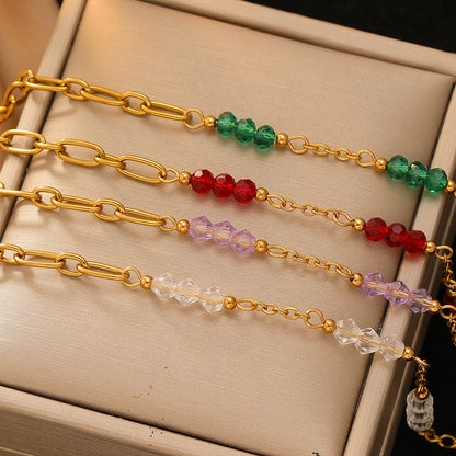 Women's Stainless Steel Bracelet, 18k Real Gold Plated, Colorful Glass Beads