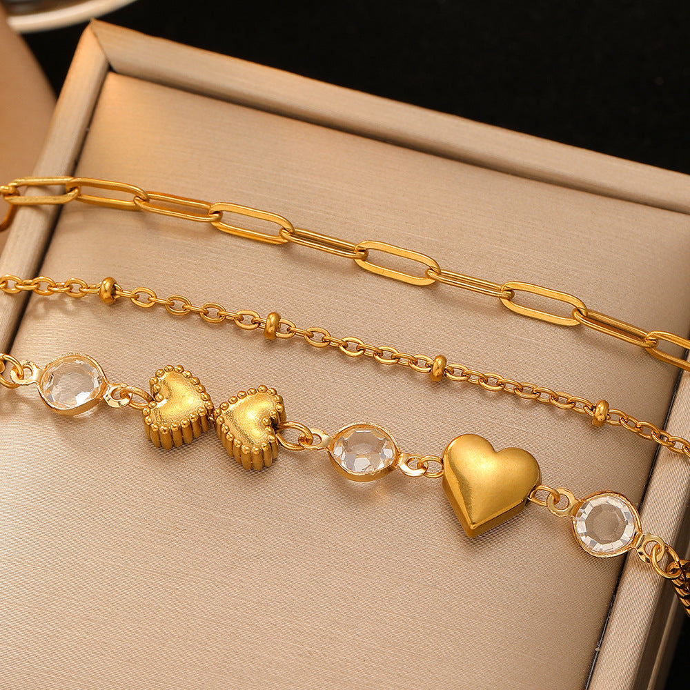 Stainless Steel Female Heart-shaped Bracelet, Zircon Inlaid And PVD Coated Gold-plated Process, 1 Set