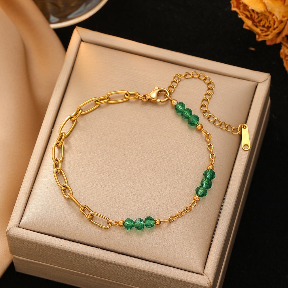 Women's Stainless Steel Bracelet, 18k Real Gold Plated, Colorful Glass Beads