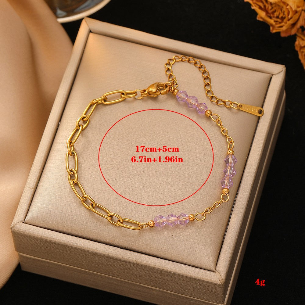 Women's Stainless Steel Bracelet, 18k Real Gold Plated, Colorful Glass Beads