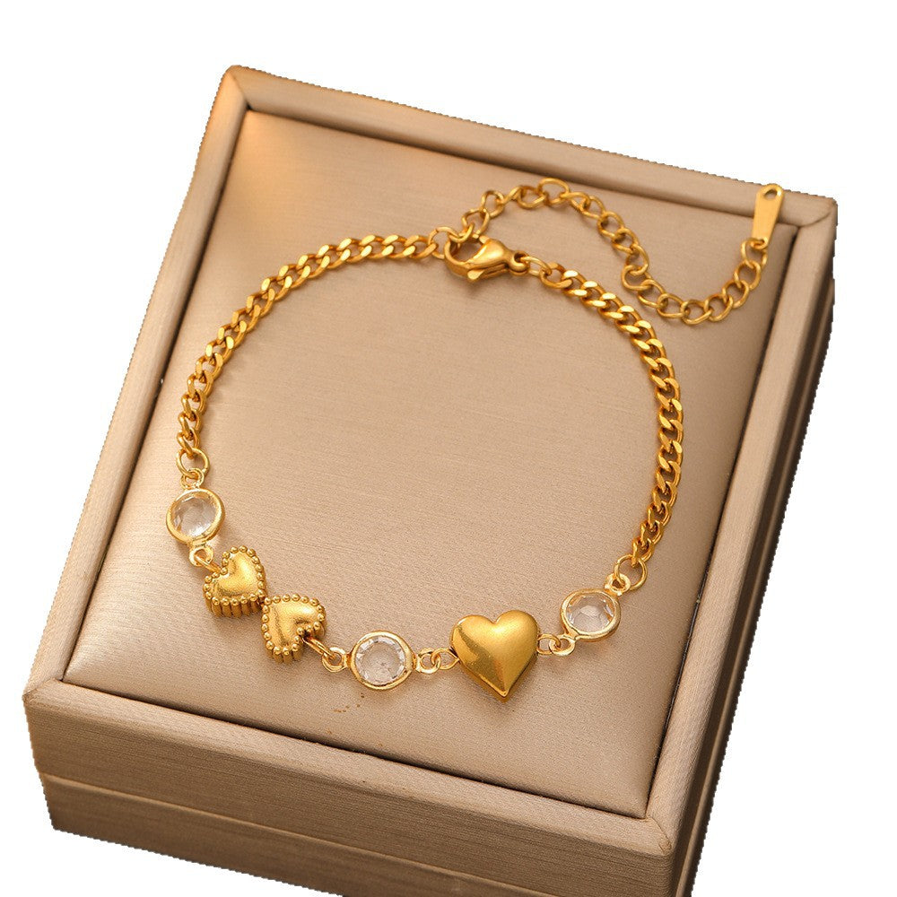 Stainless Steel Female Heart-shaped Bracelet, Zircon Inlaid And PVD Coated Gold-plated Process, 1 Set