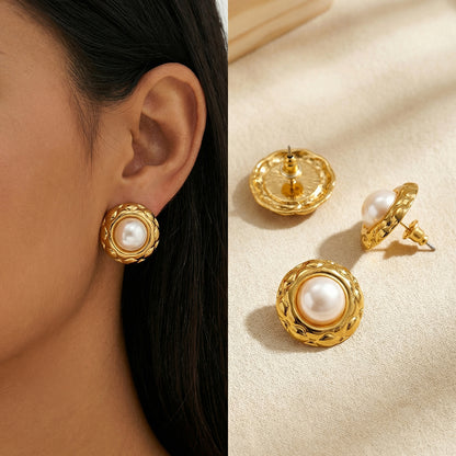 Round Casual Stud Earrings For Women In 304 Stainless Steel With Golden Plated Finish And Acrylic Imitation Pearl Inlay