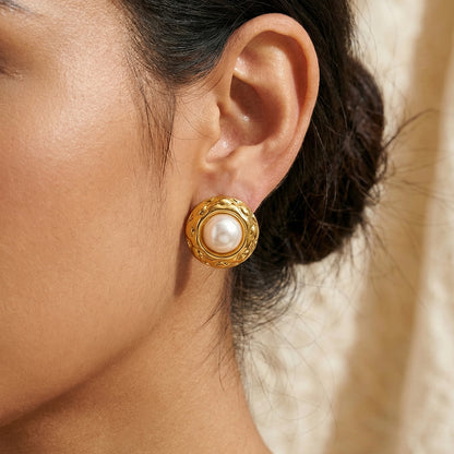 Round Casual Stud Earrings For Women In 304 Stainless Steel With Golden Plated Finish And Acrylic Imitation Pearl Inlay