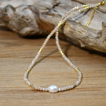 Women’s Necklace Featuring Crystal Pattern With Freshwater Pearl Inlay, Artificial Crystal Material, Beading Craft On Beaded Chain