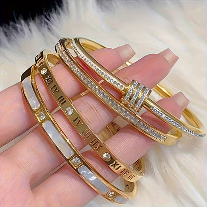 Solid Color Roman Style Bangle For Super Bowl, Made Of 304 Stainless Steel With 18K Real Gold Plating And Zircon Inlay