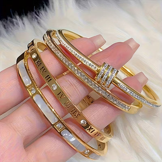 Solid Color Roman Style Bangle For Super Bowl, Made Of 304 Stainless Steel With 18K Real Gold Plating And Zircon Inlay