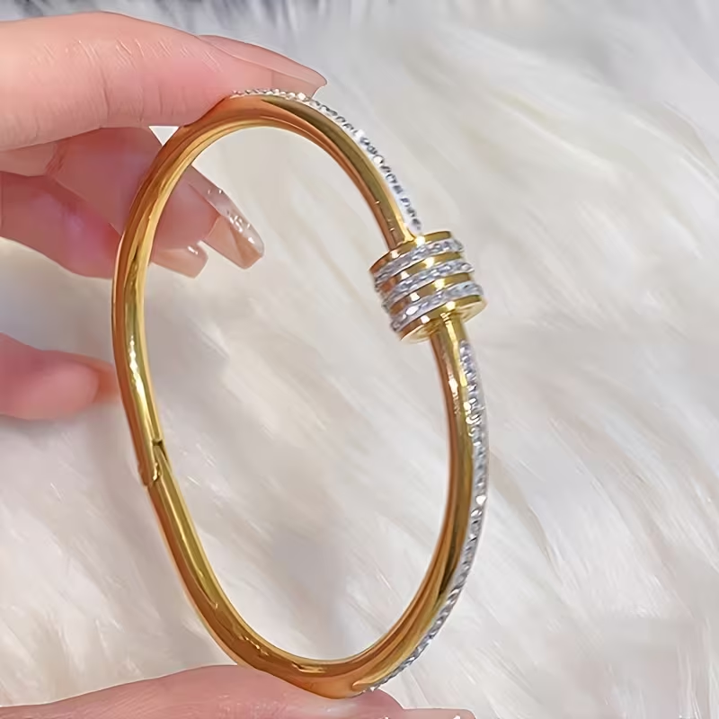 Solid Color Roman Style Bangle For Super Bowl, Made Of 304 Stainless Steel With 18K Real Gold Plating And Zircon Inlay
