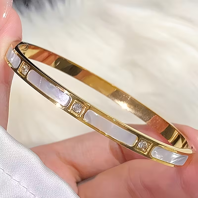 Solid Color Roman Style Bangle For Super Bowl, Made Of 304 Stainless Steel With 18K Real Gold Plating And Zircon Inlay