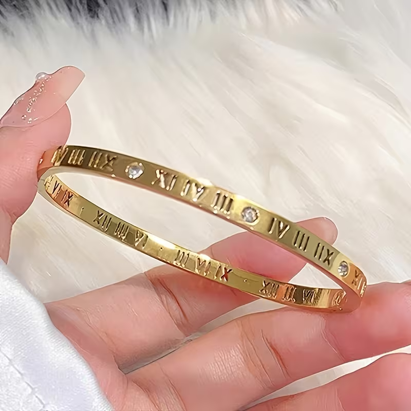 Solid Color Roman Style Bangle For Super Bowl, Made Of 304 Stainless Steel With 18K Real Gold Plating And Zircon Inlay