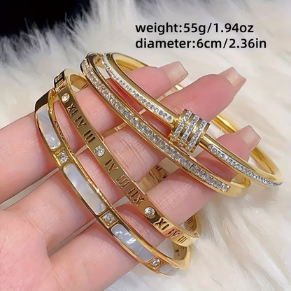Solid Color Roman Style Bangle For Super Bowl, Made Of 304 Stainless Steel With 18K Real Gold Plating And Zircon Inlay