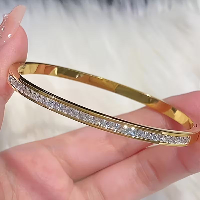 Solid Color Roman Style Bangle For Super Bowl, Made Of 304 Stainless Steel With 18K Real Gold Plating And Zircon Inlay