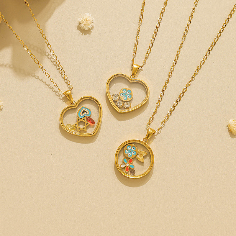 Round Pendant Necklace For Unisex Featuring 18K Real Gold Plated 304 Stainless Steel With Zircon On Cable Chain