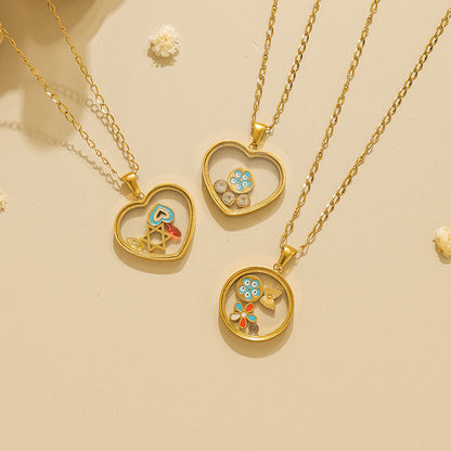 Round Pendant Necklace For Unisex Featuring 18K Real Gold Plated 304 Stainless Steel With Zircon On Cable Chain