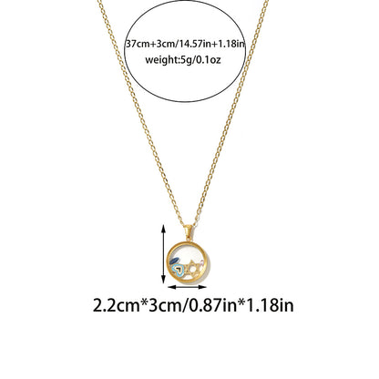 Round Pendant Necklace For Unisex Featuring 18K Real Gold Plated 304 Stainless Steel With Zircon On Cable Chain