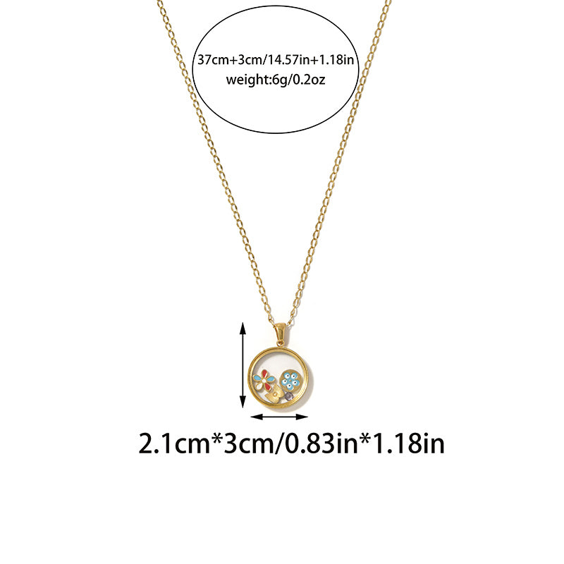 Round Pendant Necklace For Unisex Featuring 18K Real Gold Plated 304 Stainless Steel With Zircon On Cable Chain