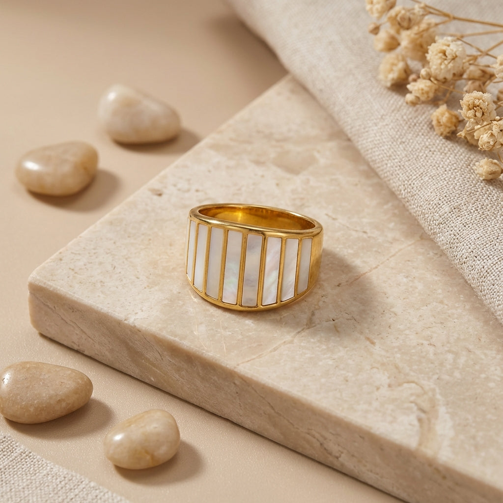 Geometric Rings For Women Made Of 304 Stainless Steel Featuring Electroplated 18K Real Gold Plated With Shell Inlay