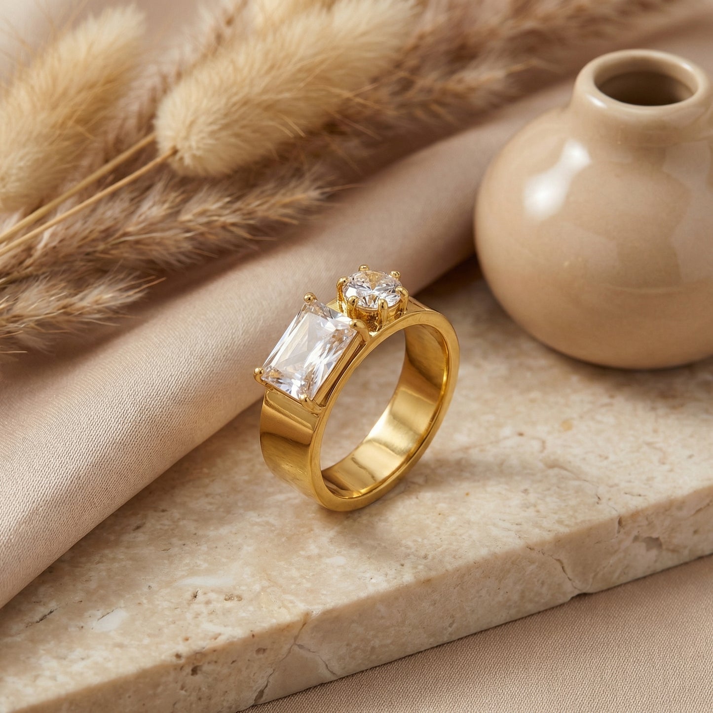 Geometric Rings For Women Made Of 304 Stainless Steel Featuring Electroplated 18K Real Gold Plated With Shell Inlay