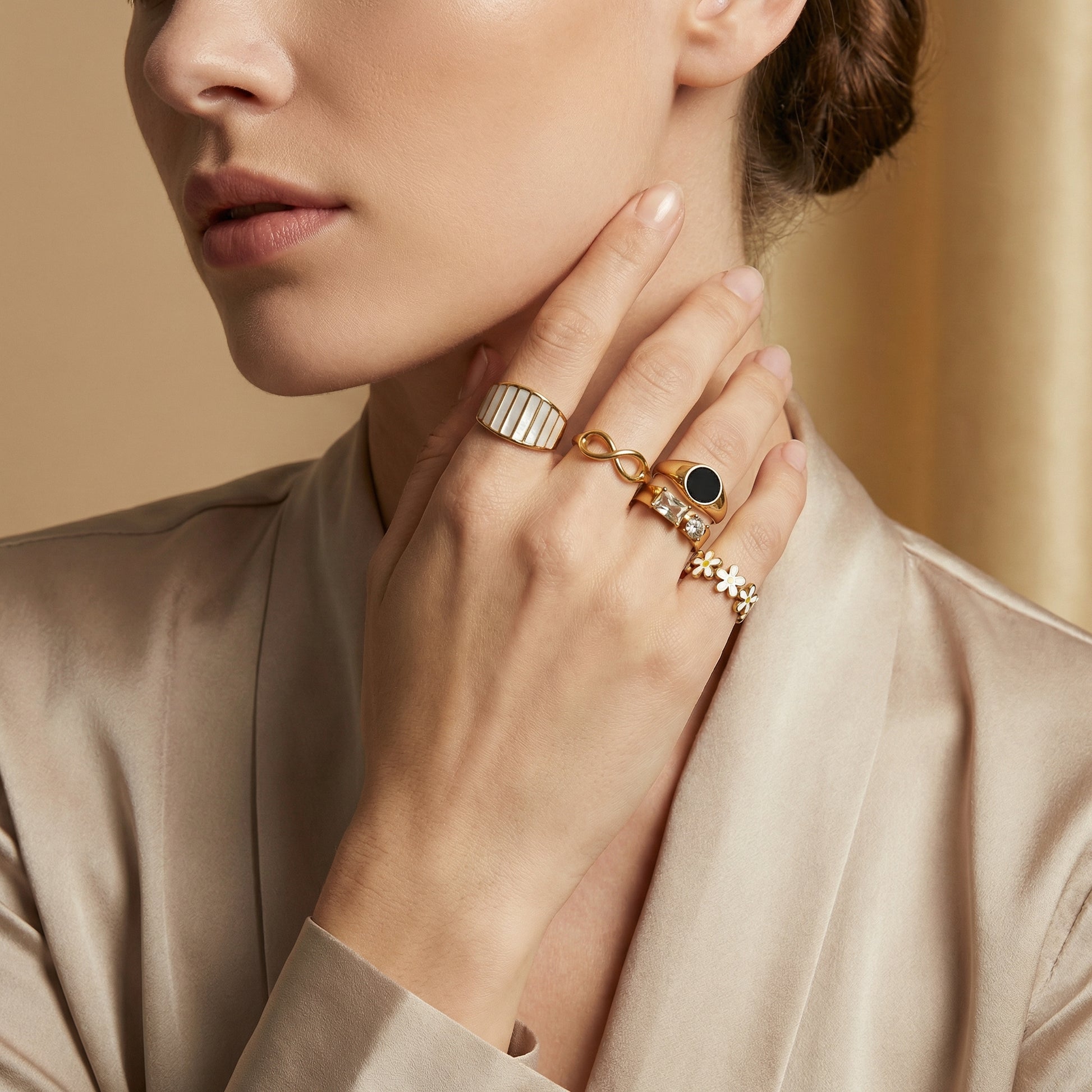 Geometric Rings For Women Made Of 304 Stainless Steel Featuring Electroplated 18K Real Gold Plated With Shell Inlay