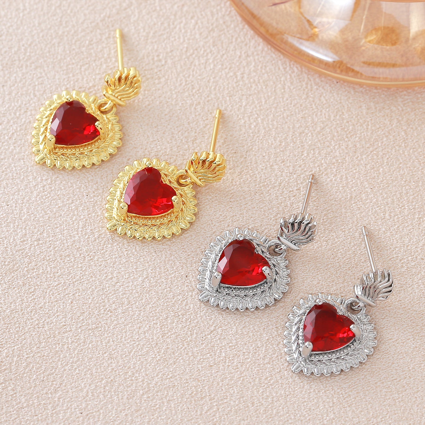 Heart Shape Stud Earrings For Women In Copper With 18K Real Gold Plated Claw Setting And Zircon Inlay