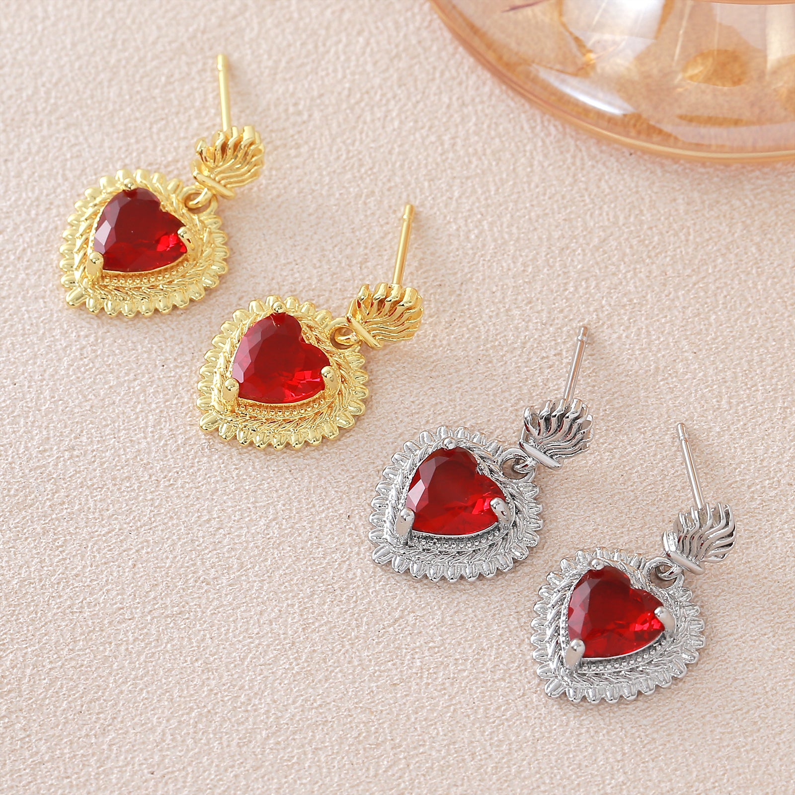 Heart Shape Stud Earrings For Women In Copper With 18K Real Gold Plated Claw Setting And Zircon Inlay