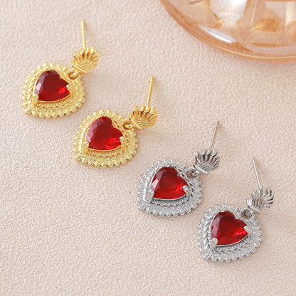 Heart Shape Stud Earrings For Women In Copper With 18K Real Gold Plated Claw Setting And Zircon Inlay