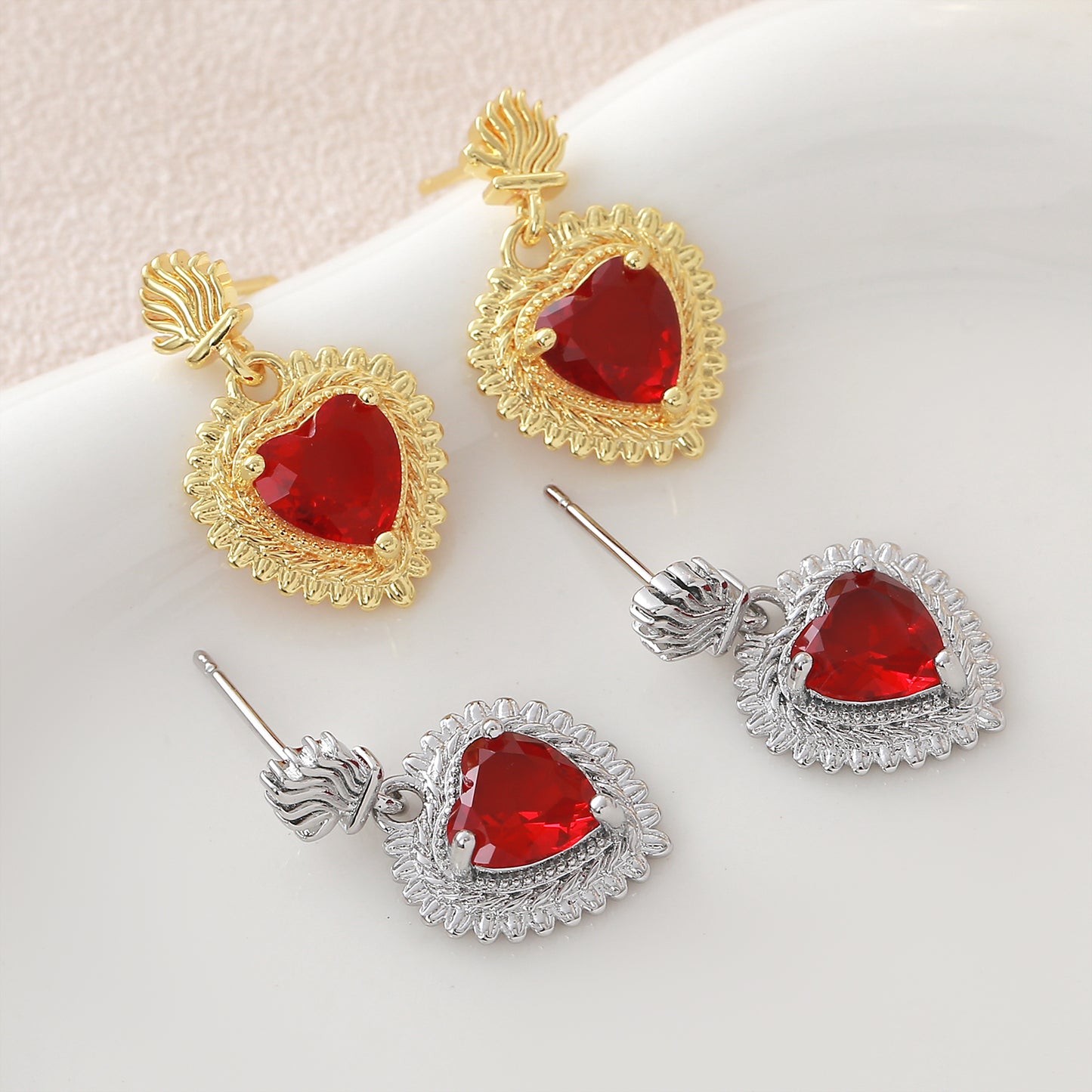Heart Shape Stud Earrings For Women In Copper With 18K Real Gold Plated Claw Setting And Zircon Inlay