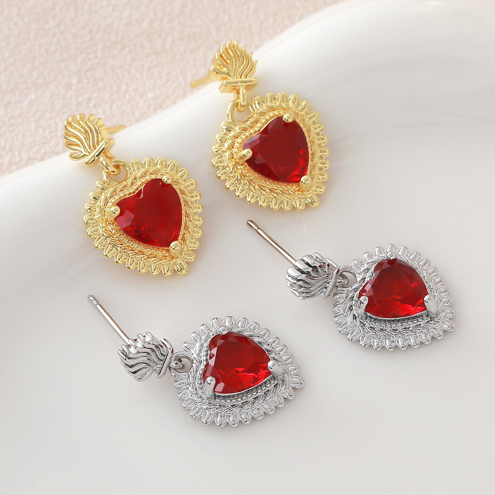 Heart Shape Stud Earrings For Women In Copper With 18K Real Gold Plated Claw Setting And Zircon Inlay
