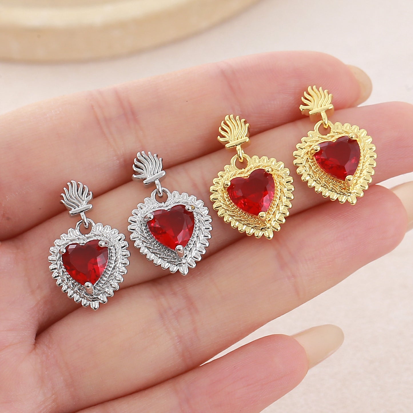 Heart Shape Stud Earrings For Women In Copper With 18K Real Gold Plated Claw Setting And Zircon Inlay