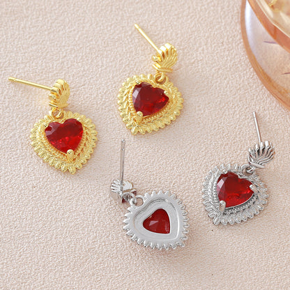 Heart Shape Stud Earrings For Women In Copper With 18K Real Gold Plated Claw Setting And Zircon Inlay