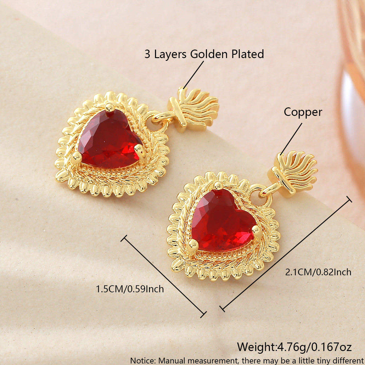 Heart Shape Stud Earrings For Women In Copper With 18K Real Gold Plated Claw Setting And Zircon Inlay