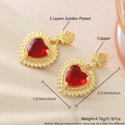 Heart Shape Stud Earrings For Women In Copper With 18K Real Gold Plated Claw Setting And Zircon Inlay