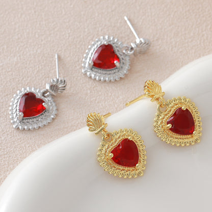 Heart Shape Stud Earrings For Women In Copper With 18K Real Gold Plated Claw Setting And Zircon Inlay