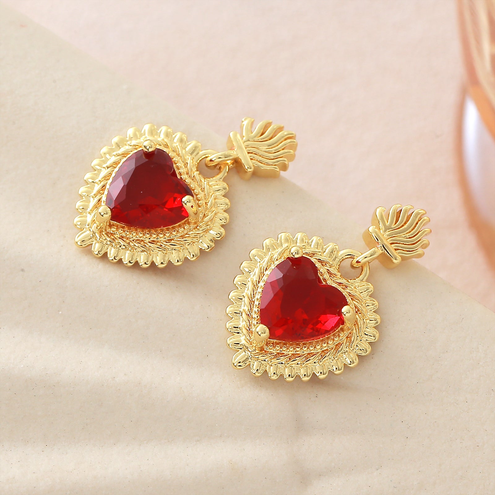Heart Shape Stud Earrings For Women In Copper With 18K Real Gold Plated Claw Setting And Zircon Inlay
