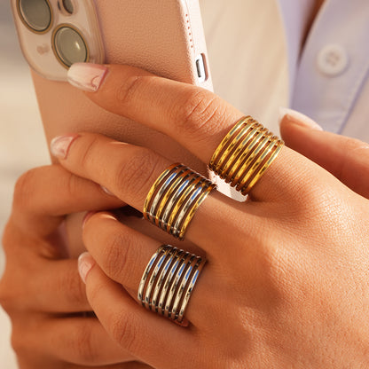 Lines Open Rings For Women In 304 Stainless Steel With 18K Gold Plated PVD Coating, Waterproof Non Tarnish