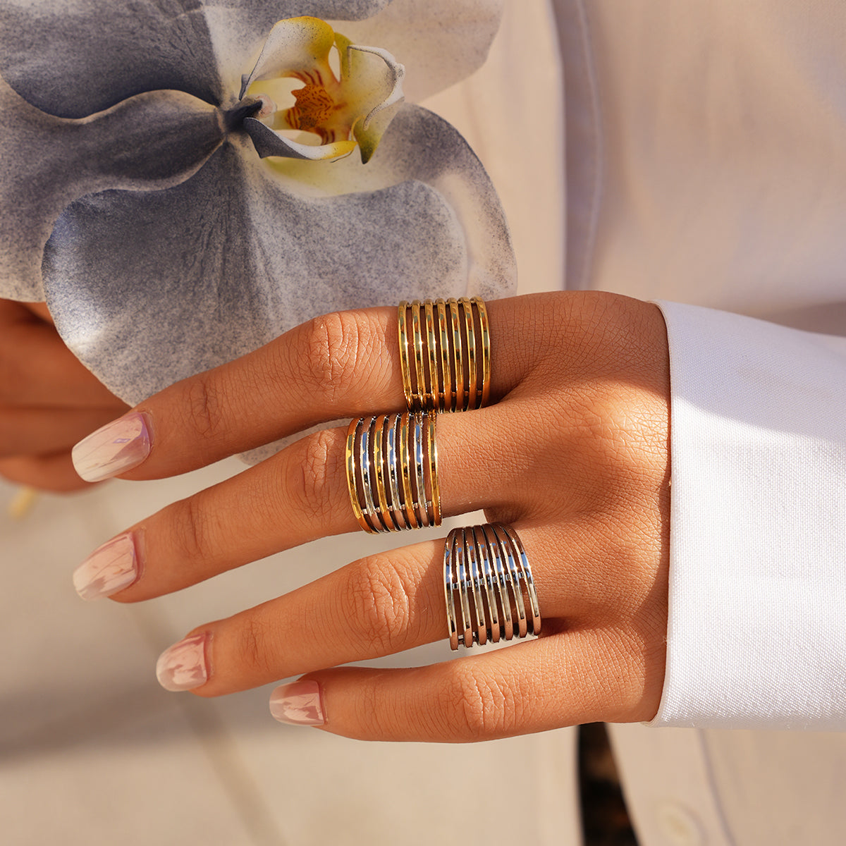 Lines Open Rings For Women In 304 Stainless Steel With 18K Gold Plated PVD Coating, Waterproof Non Tarnish