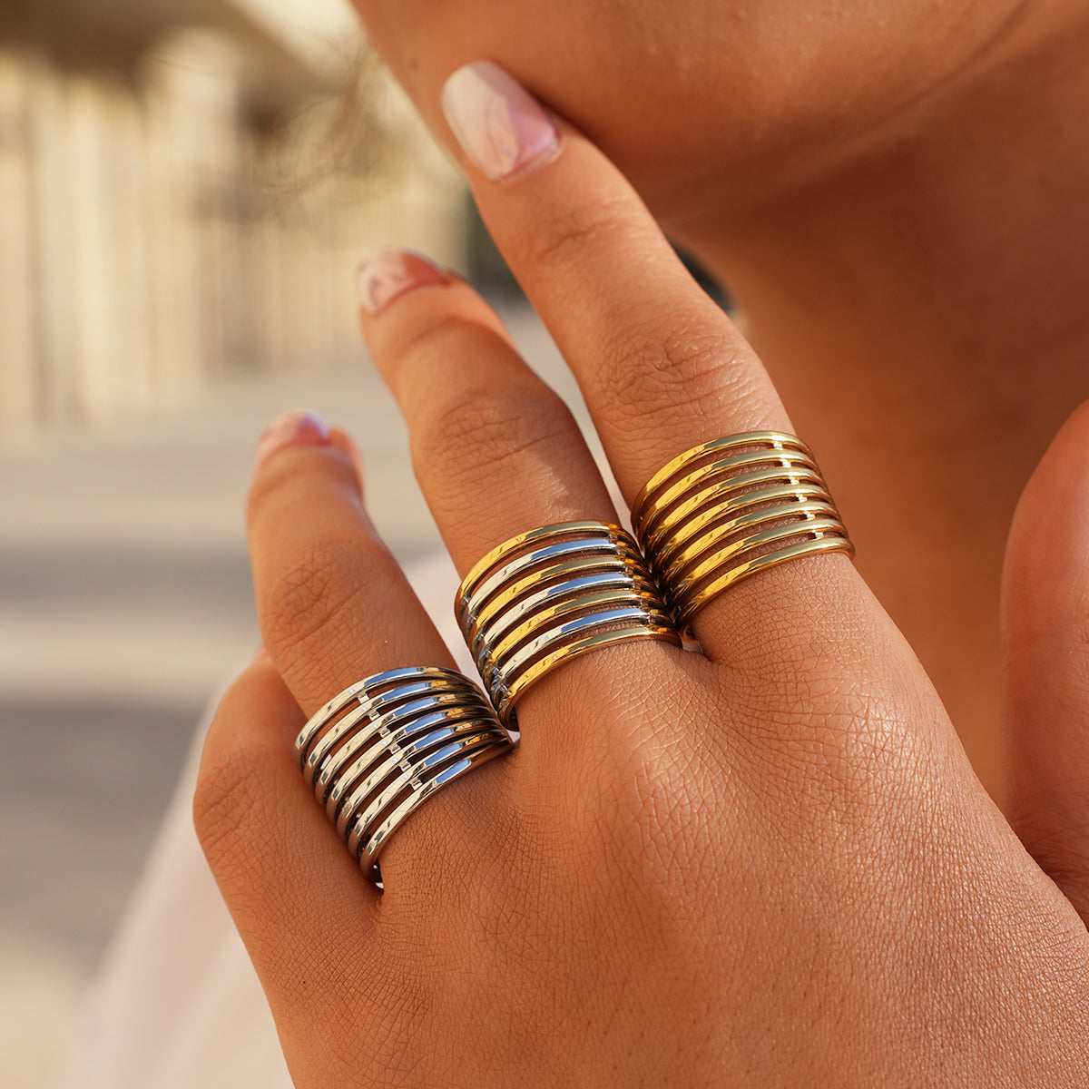 Lines Open Rings For Women In 304 Stainless Steel With 18K Gold Plated PVD Coating, Waterproof Non Tarnish