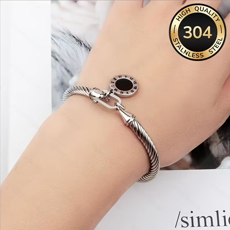 Solid Color Unisex Bangle For New Year, 304 Stainless Steel With 18K Real Gold Plated Finish