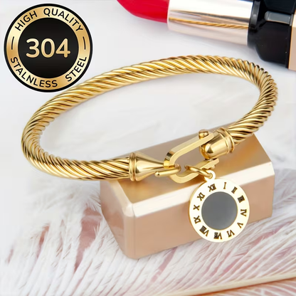 Solid Color Unisex Bangle For New Year, 304 Stainless Steel With 18K Real Gold Plated Finish