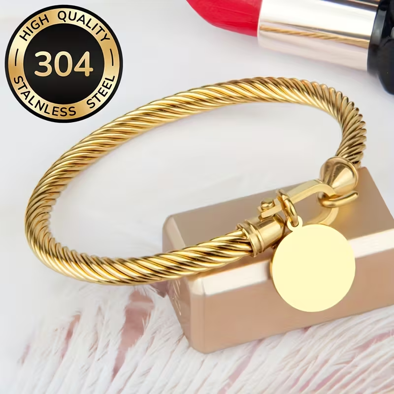 Solid Color Unisex Bangle For New Year, 304 Stainless Steel With 18K Real Gold Plated Finish