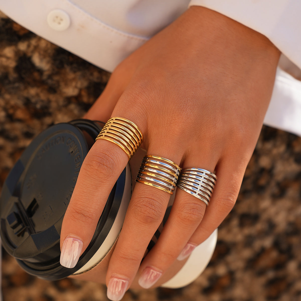 Lines Open Rings For Women In 304 Stainless Steel With 18K Gold Plated PVD Coating, Waterproof Non Tarnish