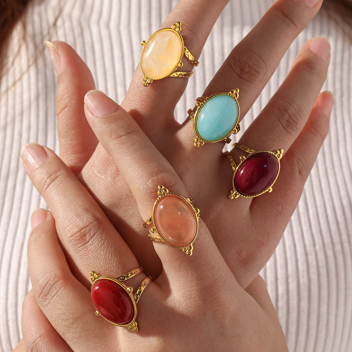 Geometric Rings For Women In 304 Stainless Steel With 18K Real Gold Plating And Natural Stone Inlay, Perfect For New Year